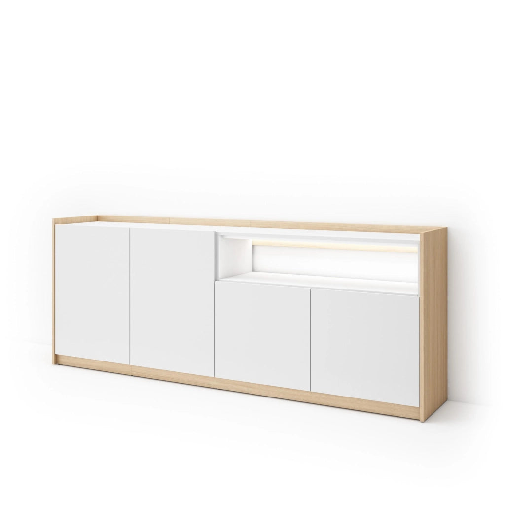 Credenza, Mobile, Cucina, 207x80x37 cm, 4 Porte, LED, Bianco e Rovere soft