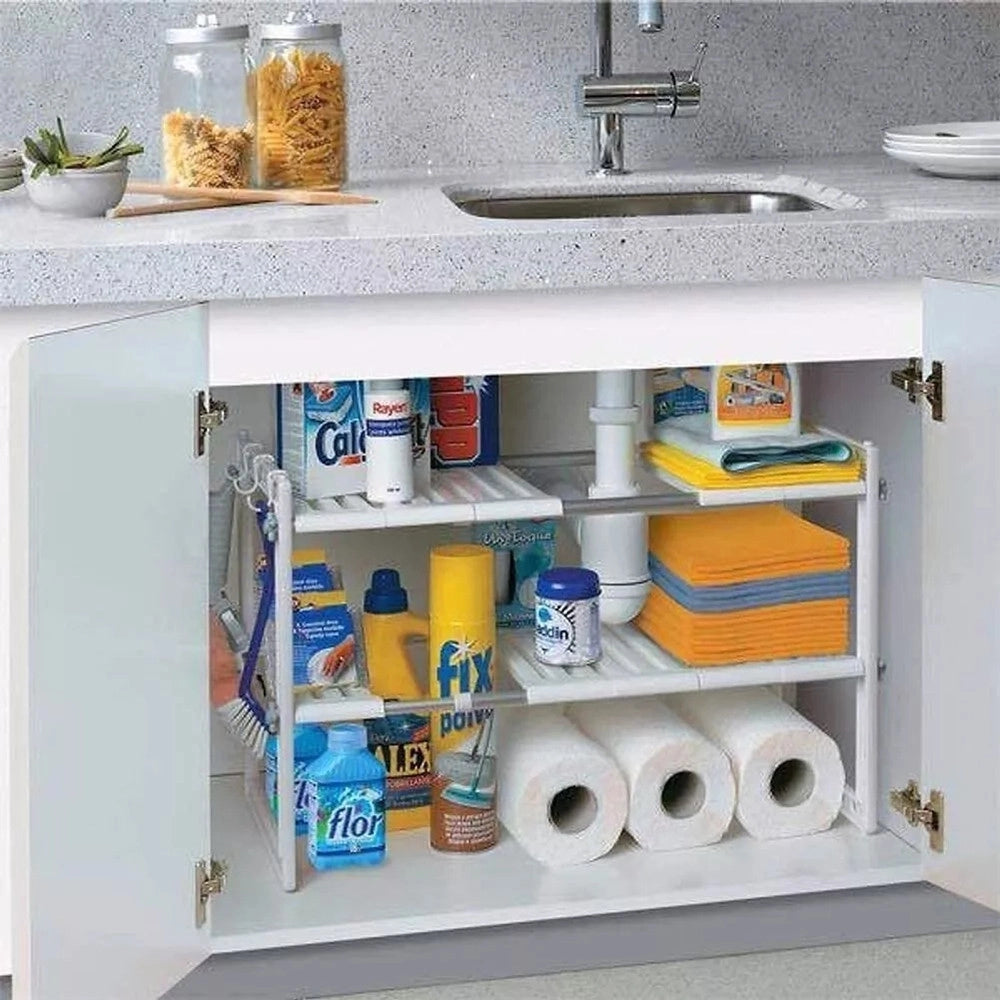 Trade Shop - Scaffale Stoviglie Estensibile 50-70cm Organizer Sottolavello Portaoggetti Mensola 2 Piani -
