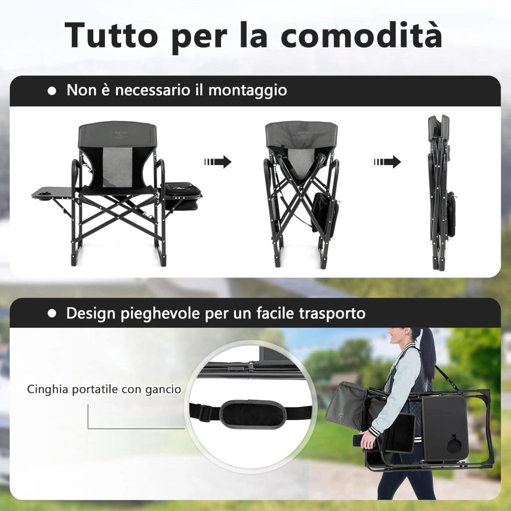 Sedia da Campeggio Pieghevole, Sedia da Regista Robusta con Tavolino, Borsa Frigo, Borsa Portaoggetti e Cinghia, Portata 180 kg, per Campeggio Escursione Pesca Picnic (Nero)