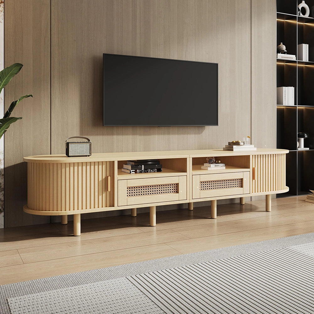 Mobile TV Ovale 170x40x40cm - Xylo - 2 Cassetti in Vimini, 2 Ante Scorrevoli, Legno