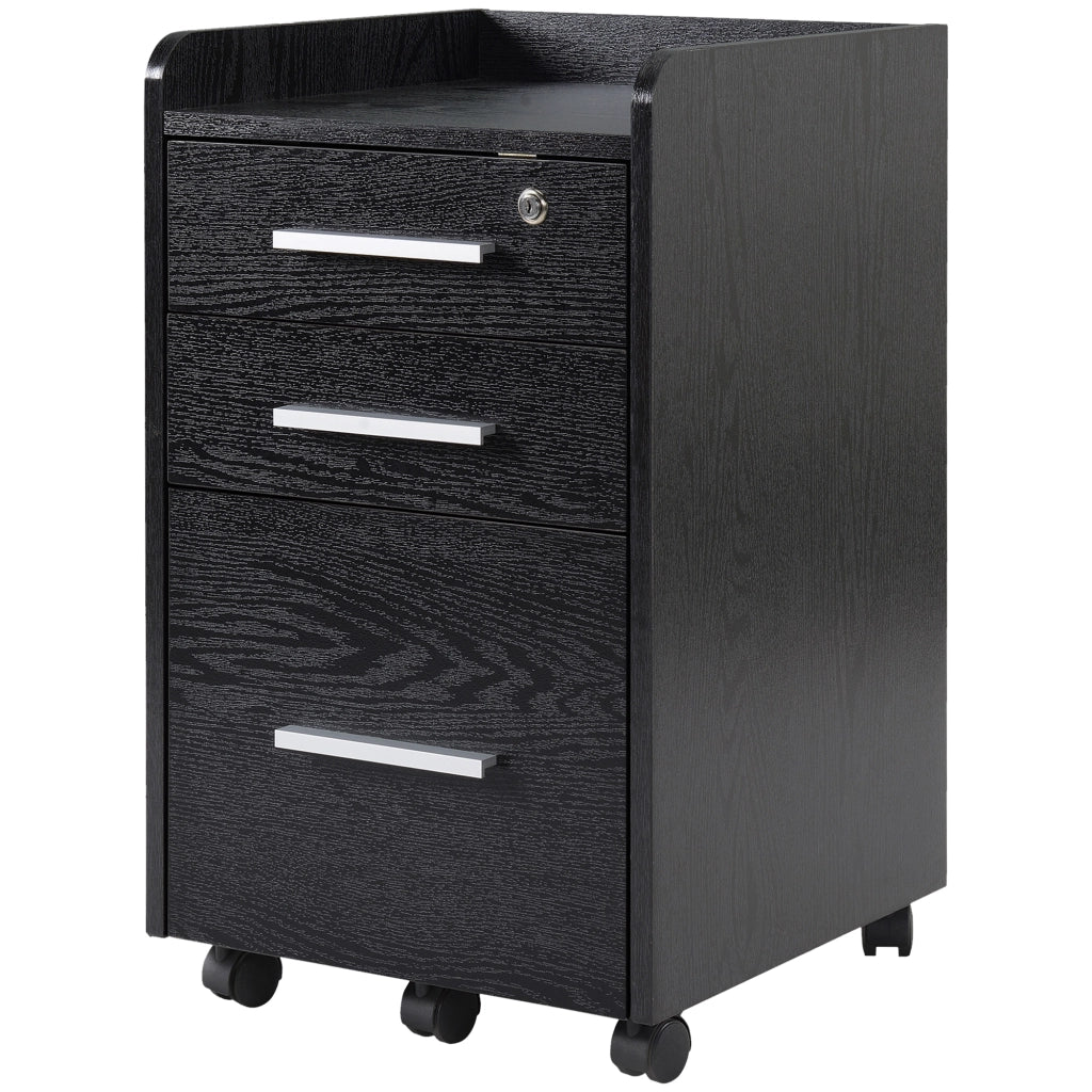Cassettiera Portadocumenti in Legno a 3 Cassetti con Chiavi di Sicurezza e 5 Ruote. 39.2x40x65.4 cm. Nero