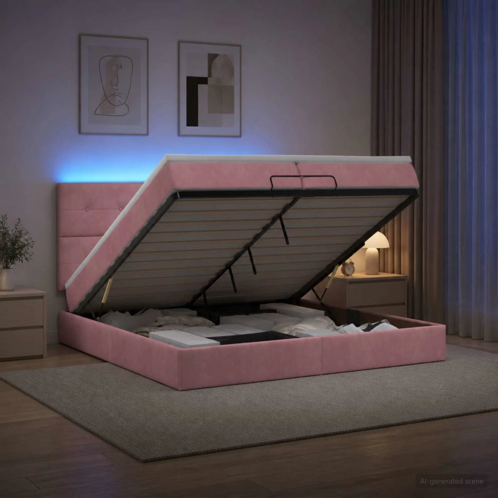 Letto Ottomano con Materasso e LED Rosa 200 x 200 cm Velluto 3458330
