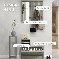 Set Mobili da Ingresso con Appendiabiti, Specchio, Panca con Scaffale e Scarpiera per 8 Paia di Scarpe, Grigio