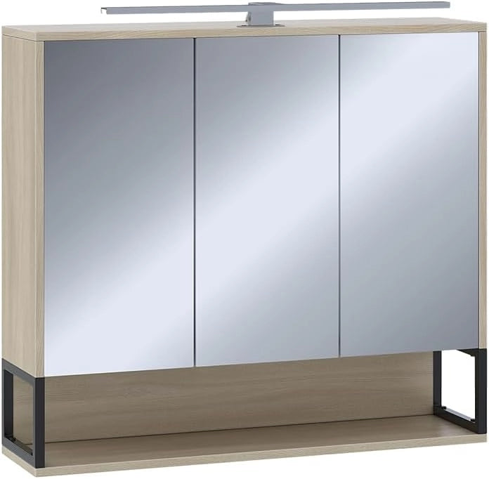 Mobile a specchio per il bagno Vionna, Quercia/nero, 80 x 71.5 cm con luce LED, con ripiano interno regolabile in altezza per un utilizzo flessibile