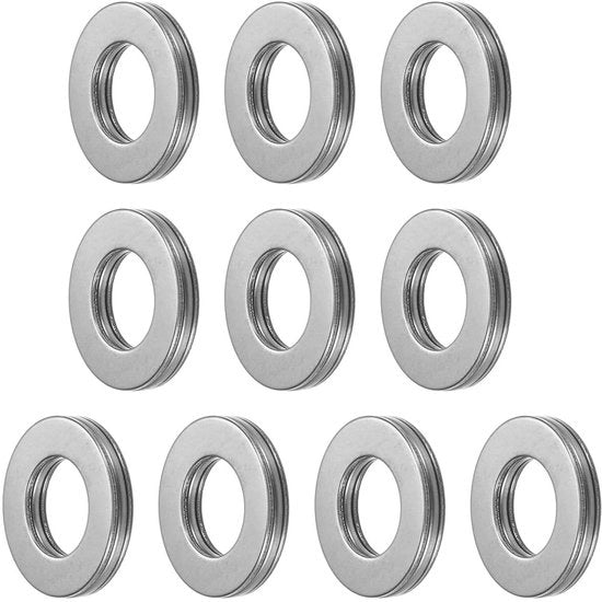 Set di 10 cuscinetti a rulli axiali per sistemi di trasporto - 15 mm x 28 mm x 2 mm - Con anelli di chiusura in acciaio 65Mn - Realizzato in acciaio inox.