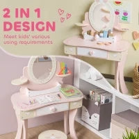 Set Toeletta con Specchio e Sgabello in Legno 2 in 1 per Bambini con 7 Accessori Inclusi, Rosa