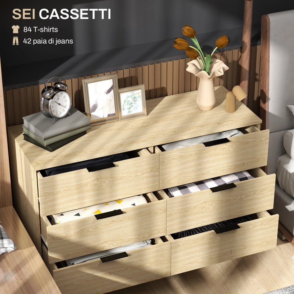 Cassettiera 6 Cassetti in Legno per Camera da Letto e Ingresso, 110x40x75cm, Rovere