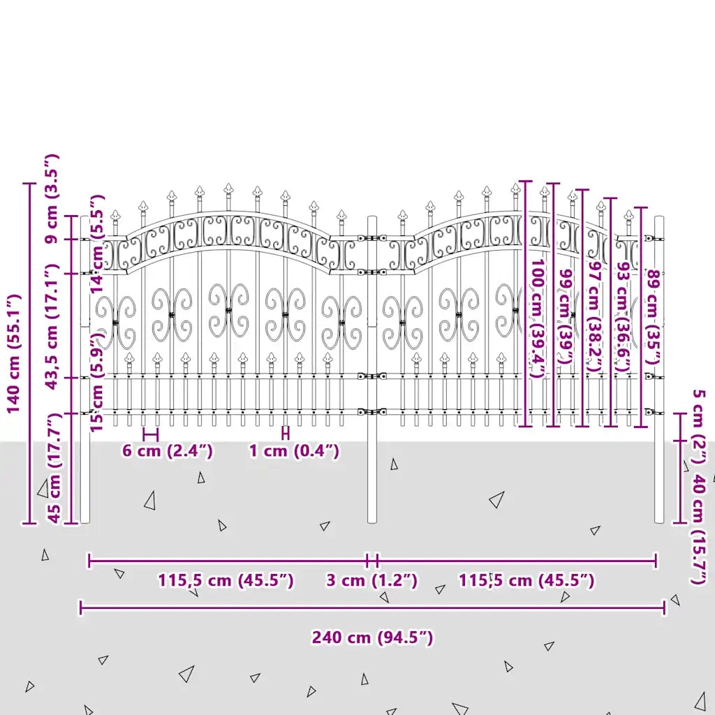 Recinzione da Giardino Kampen con Punta a Lancia Nera 240x100 cm in Acciaio 151085