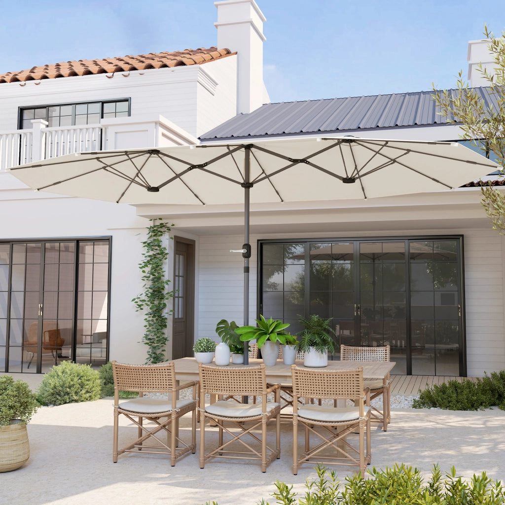 Doppio parasole 436 x 260 cm; parasole in acciaio con protezione UV e manovella; ovale beige