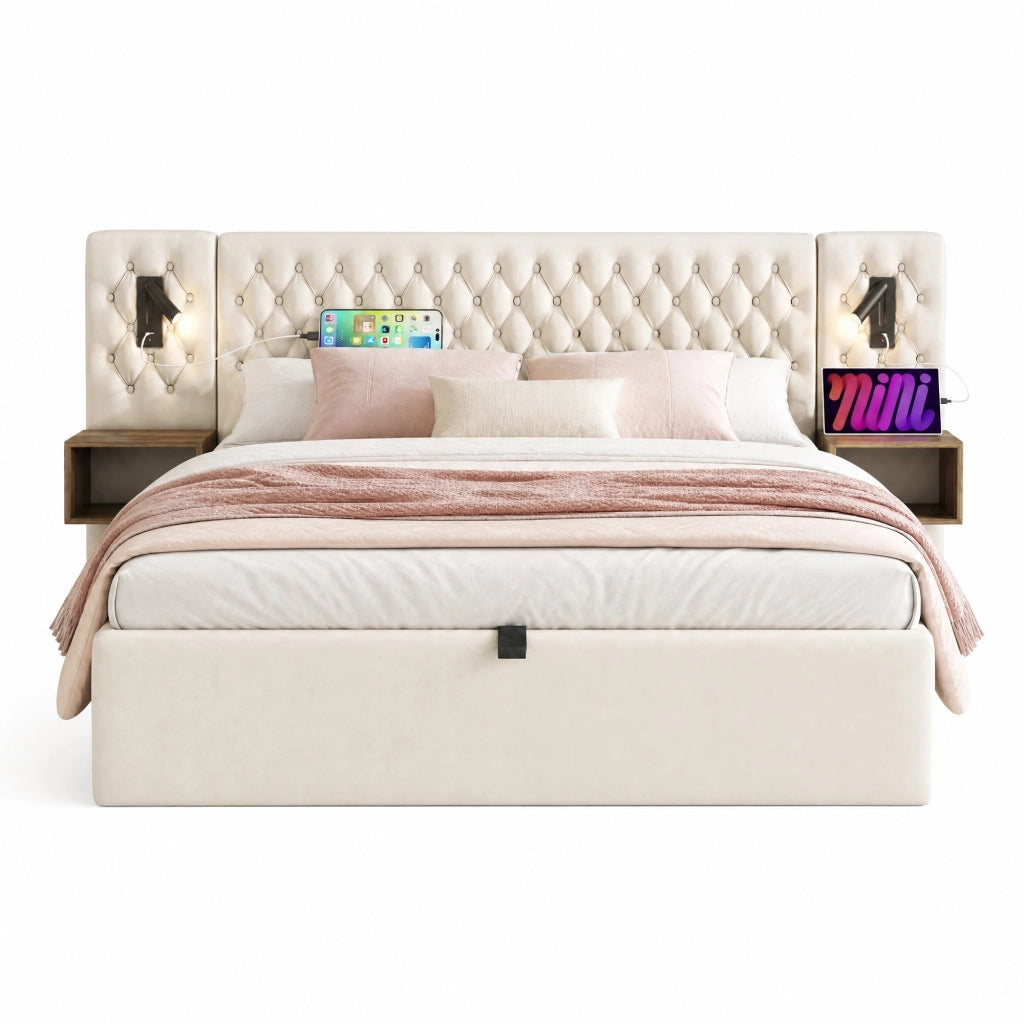 Letto matrimoniale 180x200 cm in velluto beige con contenitore idraulico; 2 comodini e luci lettura