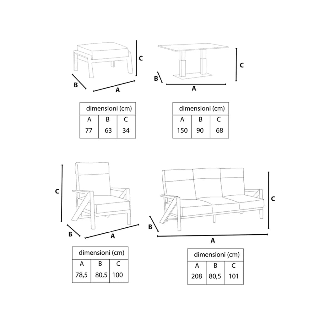 Tempo Style - Salottino Lounge KEA PLUS in alluminio antracite | Lounge da giardino con divano, tavolo, 2 poltrone e cuscini | Set di mobili da giardino in metallo da 5 persone