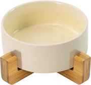 Ciotola per animali in ceramica con supporto in bambù - beige - 400ml - per gatti e cani