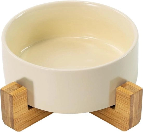 Ciotola per animali in ceramica con supporto in bambù - beige - 400ml - per gatti e cani
