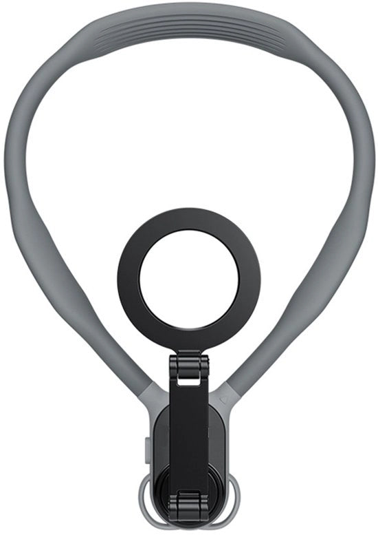 Otturatore magnetico grigio per collo, compatibile con dispositivi Apple, fissaggio rapido per registrazioni in prima persona.