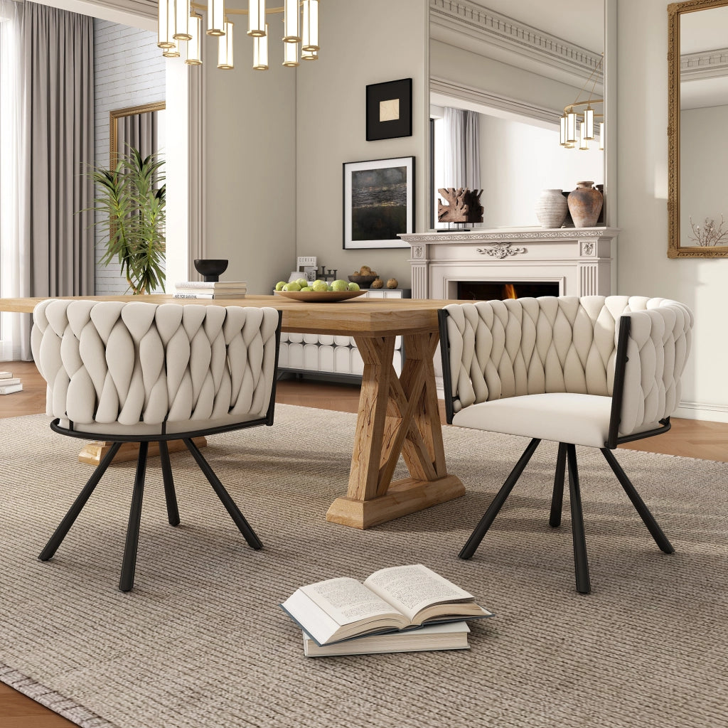 Set 2 sedie da pranzo girevoli in velluto beige con struttura in metallo