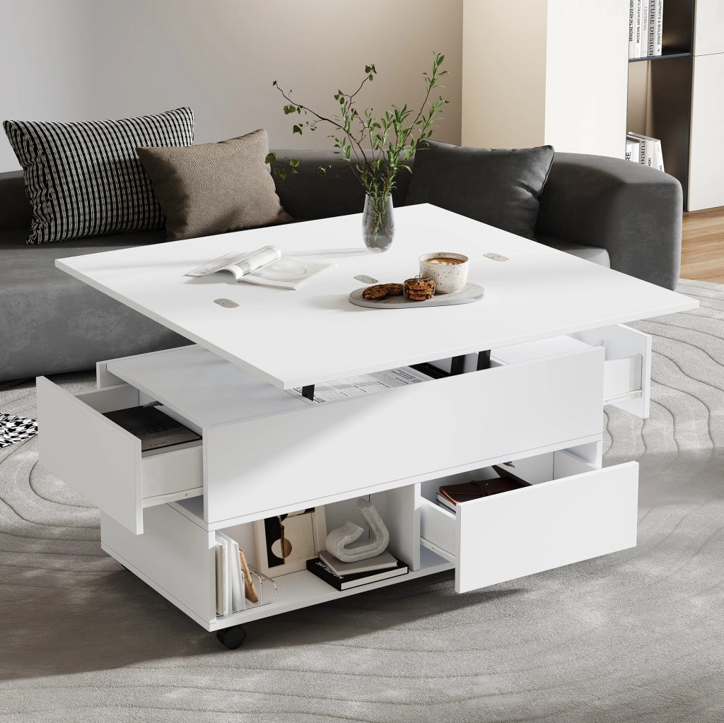 Tavolino da salotto sollevabile e multifunzione 100x50x52 cm; bianco in truciolare