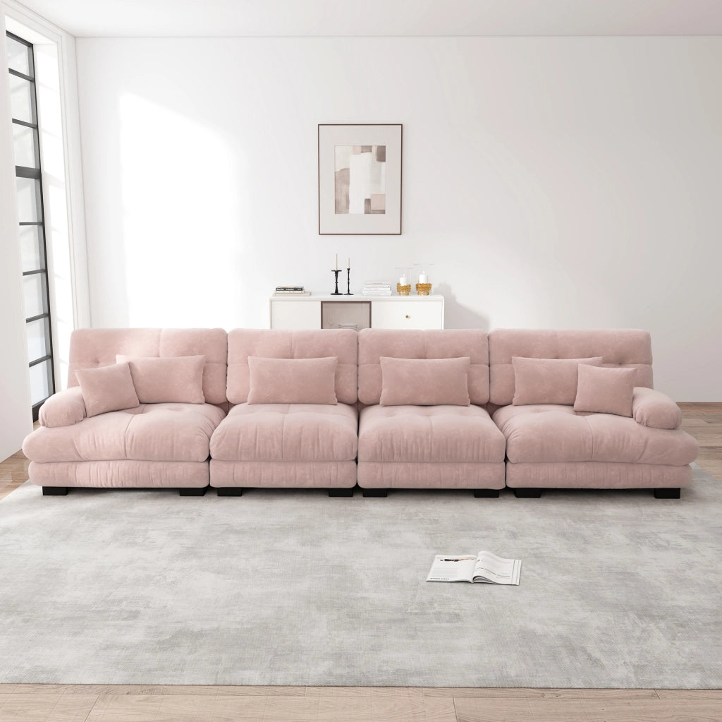 Divano modulare con seduta profonda in ciniglia rosa