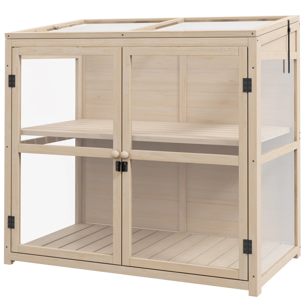 Serra in legno con doppia porta e tetto apribile, 2 livelli, colore naturale, 103x61x95/103 cm