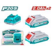 KIT SET 2PZ BATTERIE 20V 2Ah + CARICABATTERIE RAPIDO P20S IONI AL LITIO TOTAL