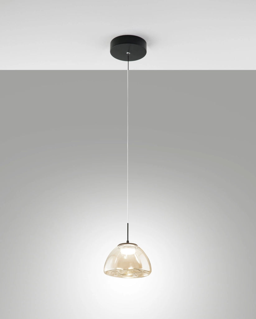 Lampada a Sospensione Lucille in Metallo e Vetro Borosilicato Cognac, LED 8W Dimmerabile a step, CCT 2700K/3000K/4000K, Ø16cm - Lucille