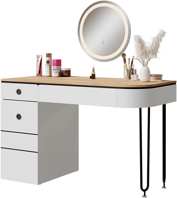 Tavolo da toilette Mia, Bianco/legno naturale, 120 cm con specchio LED, con illuminazione LED e grande specchio per applicazioni di trucco