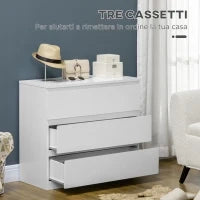 Cassettiera 3 Cassetti Moderna senza Maniglie per Camera e Soggiorno, 80x39x73 cm, Bianco