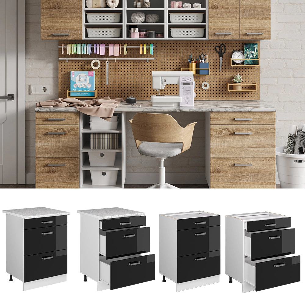 Vicco Base universale Nero lucido 60 cm con cassetti, senza piano di lavoro