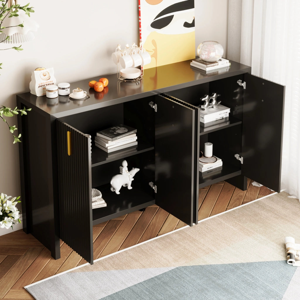 Credenza con 4 Ante e Ripiani Regolabili; Maniglie Dorate; Stile Moderno; in Pannello Truciolare; 140??38??80 cm; Nero