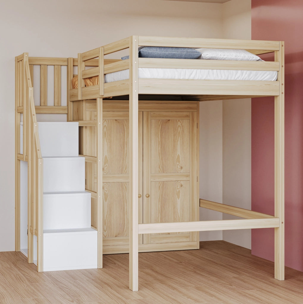 Letto a soppalco 90x200 cm con armadio e scala contenitore colore legno naturale