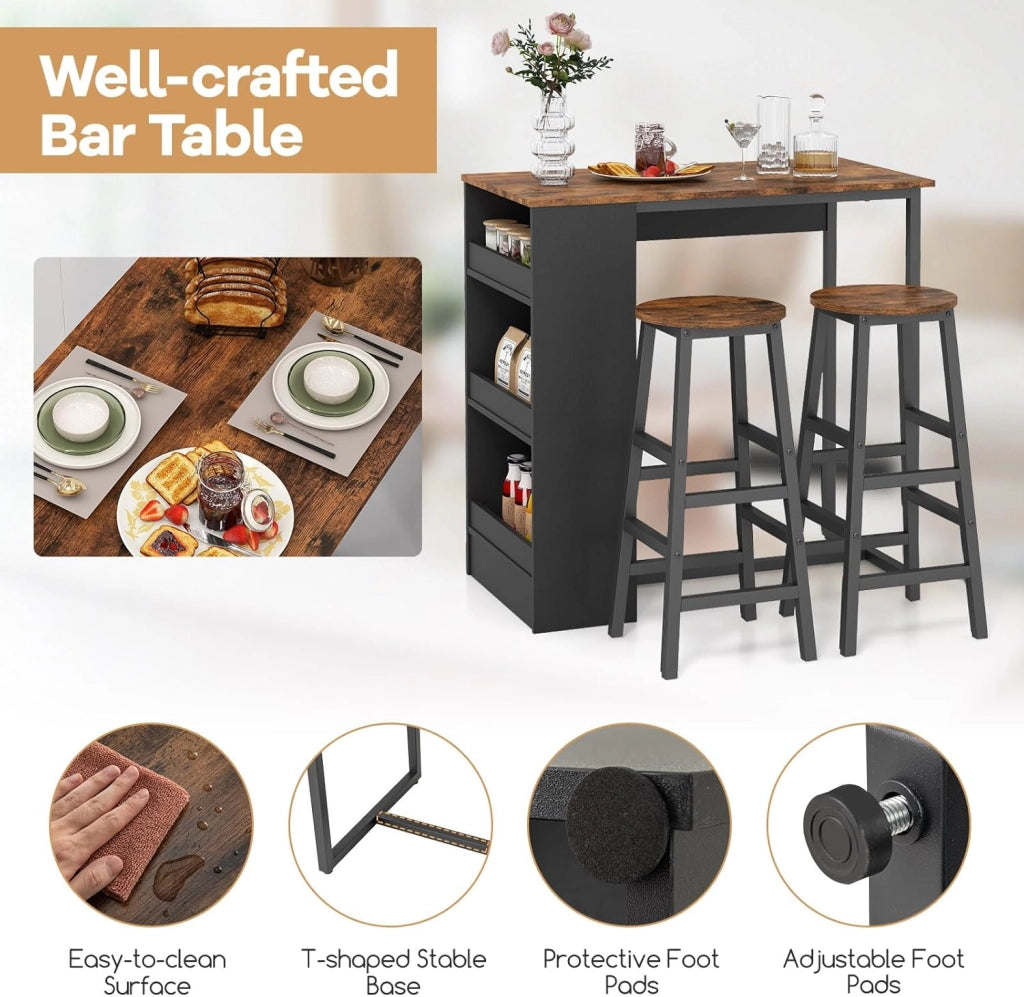 Tavolo da bar con sgabello da bar, tavolo con 2 sgabelli, 3 ripiani, telaio in metallo, set da pranzo per 2 persone, tavolo da colazione, bancone da bar, set di mobili per bar, bistrot e