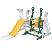 Scivolo per bambini 4-in-1 con altalena, scala e canestro da basket, regolabile in altezza, facile da montare, 113×100×94,5 cm,Verde Antico