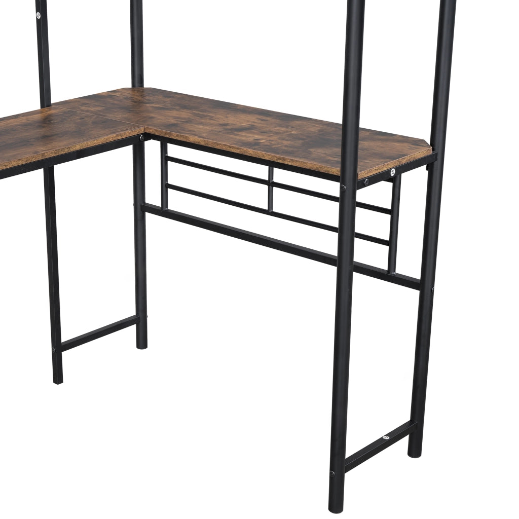 OKWISH Letto a Soppalco 90×200 cm, Letto Singolo con Scrivania, Doppia Scala e Sponda Alta, senza Materasso, MDF e Metallo, Nero