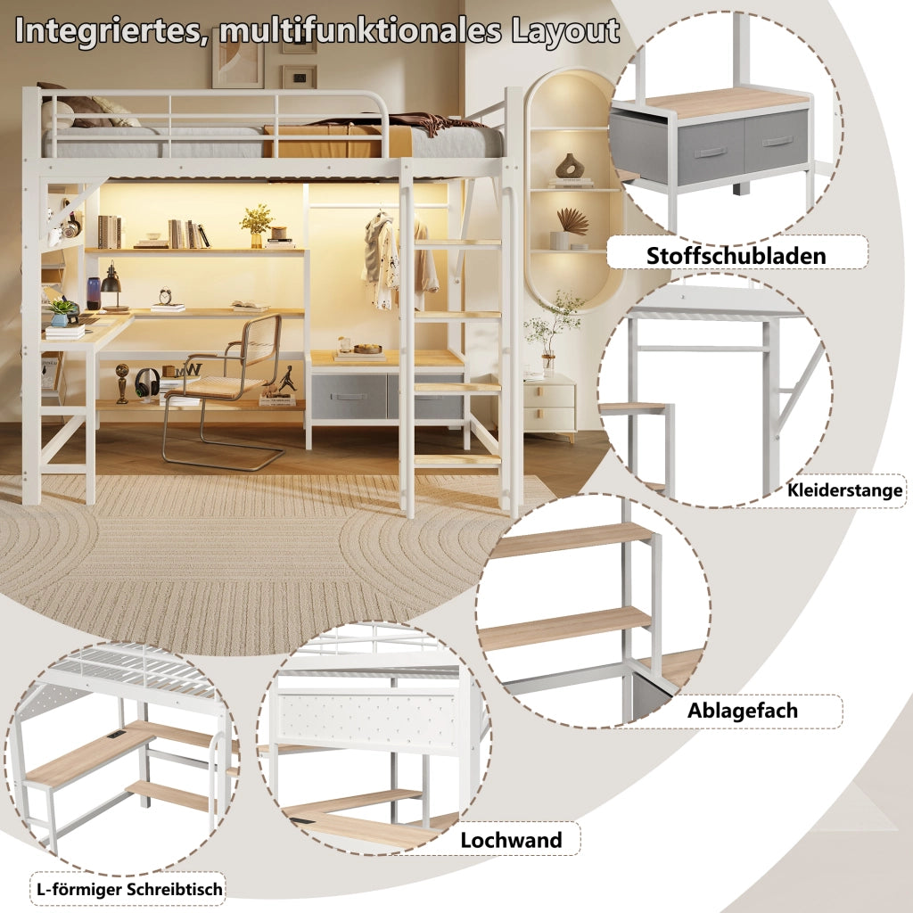 Letto a soppalco in metallo con scrivania, LED e USB, 140x200 cm, bianco