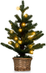 Mini Albero di Natale Artificiale Pre-illuminato, Albero di Natale Piccolo da Tavolo con 96 Rametti, 20 Luci LED Bianche Calde, Timer, Vaso in Legno di Salice