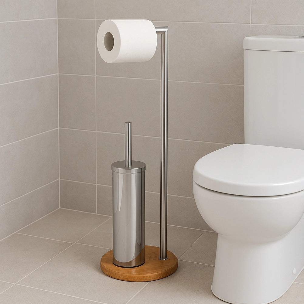 Piantana Portascopino e Portarotolo Bagno Acciaio e Bambù Porta Rotolo e Scopino