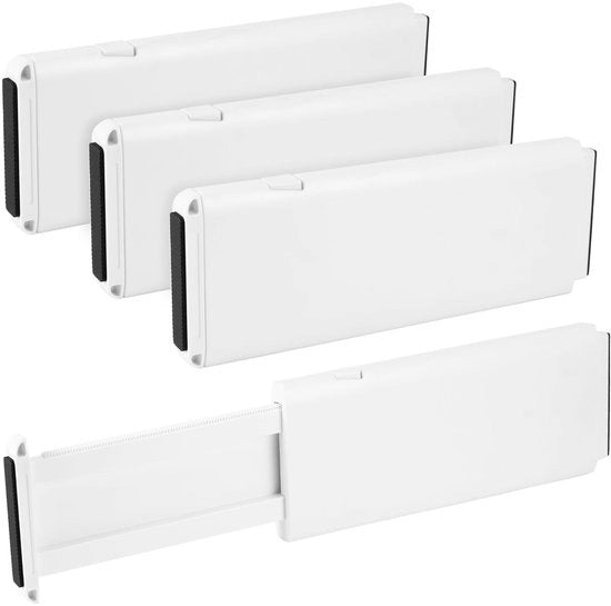 Set di 4 divisori di cassetto regolabili a doppia molla – Organizzatore di cassetto 4-dell'armadio per abbigliamento, trucco, utensili da cucina e articoli da ufficio, bianco, altezza 27,5-44 cm, altezza 10,5 cm