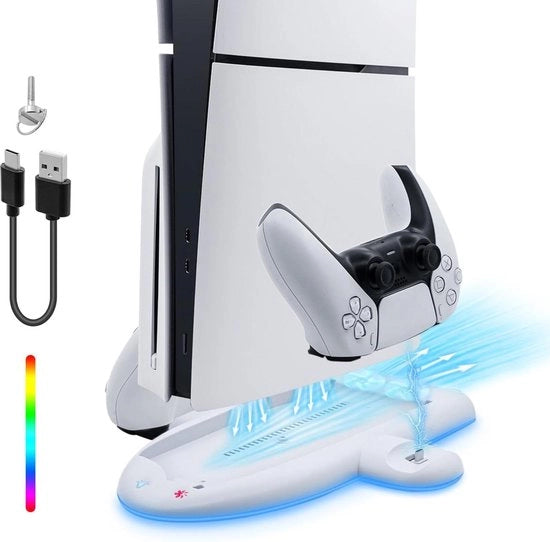 Stazione di Ricarica e Raffreddamento - Console PS5 Slim - Regolazione a 3 Velocità - Effetto RGB - Ricarica Dual Controller - Dock - Impostazione di Memoria - PS5 Slim