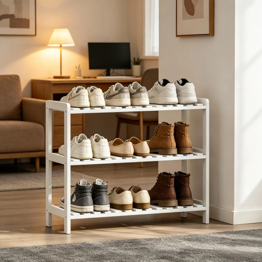 Scarpiera a 3 ripiani - per ingresso - in MDF e legno - 70×26×57.5 cm - bianco