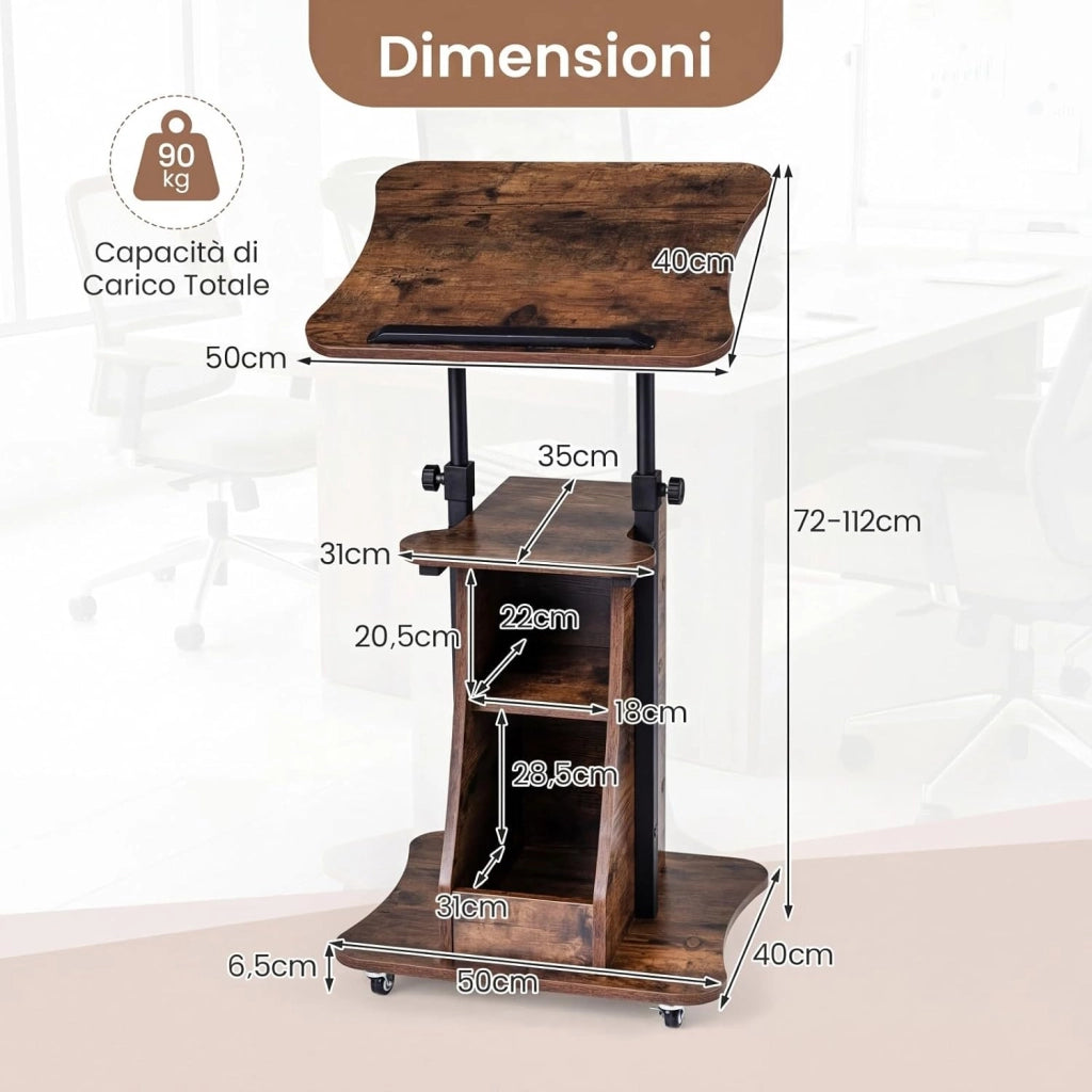 Leggio per Oratori, Podio per Conferenza con Ruote Bloccabile, Altezza Regolabile, Piano Ribaltabile e Armadietto Aperto, Leggio da Pulpito in Legno per Aula, Ufficio e Seminario (Marrone)
