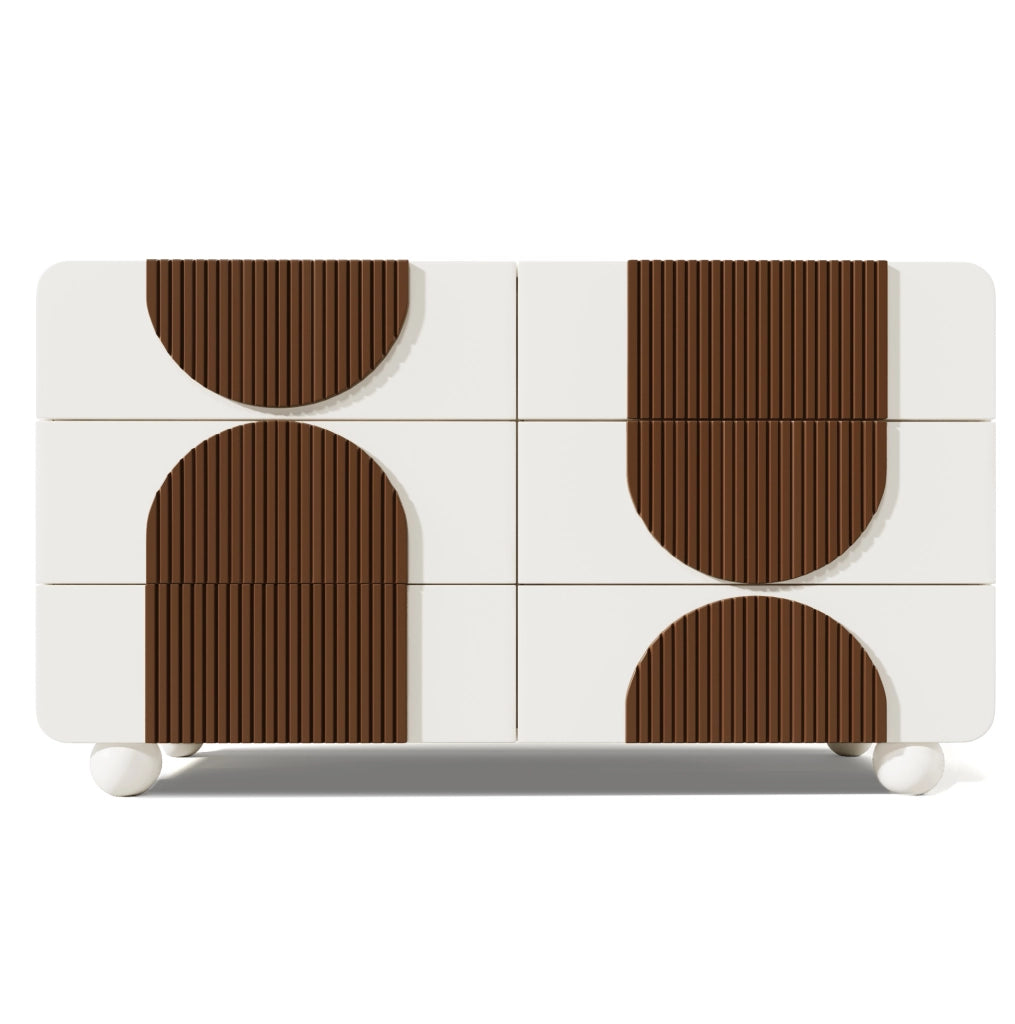 Comò con 6 cassetti in MDF bianco e legno massiccio, design curvo, 121x71x41 cm