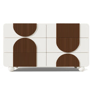 Comò con 6 cassetti in MDF bianco e legno massiccio, design curvo, 121x71x41 cm