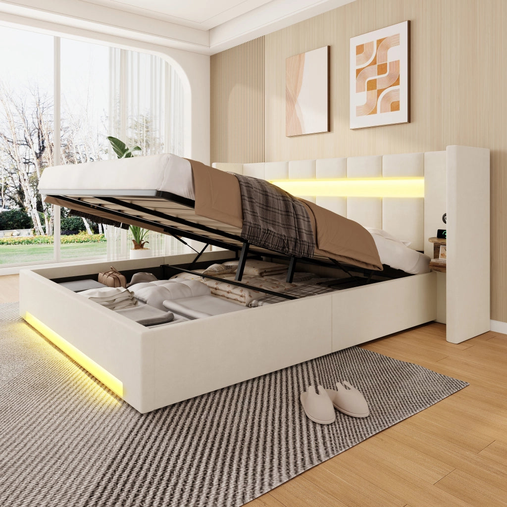 Letto Contenitore Matrimoniale 160x200 cm con USB; LED e Contenitori in Velluto Beige