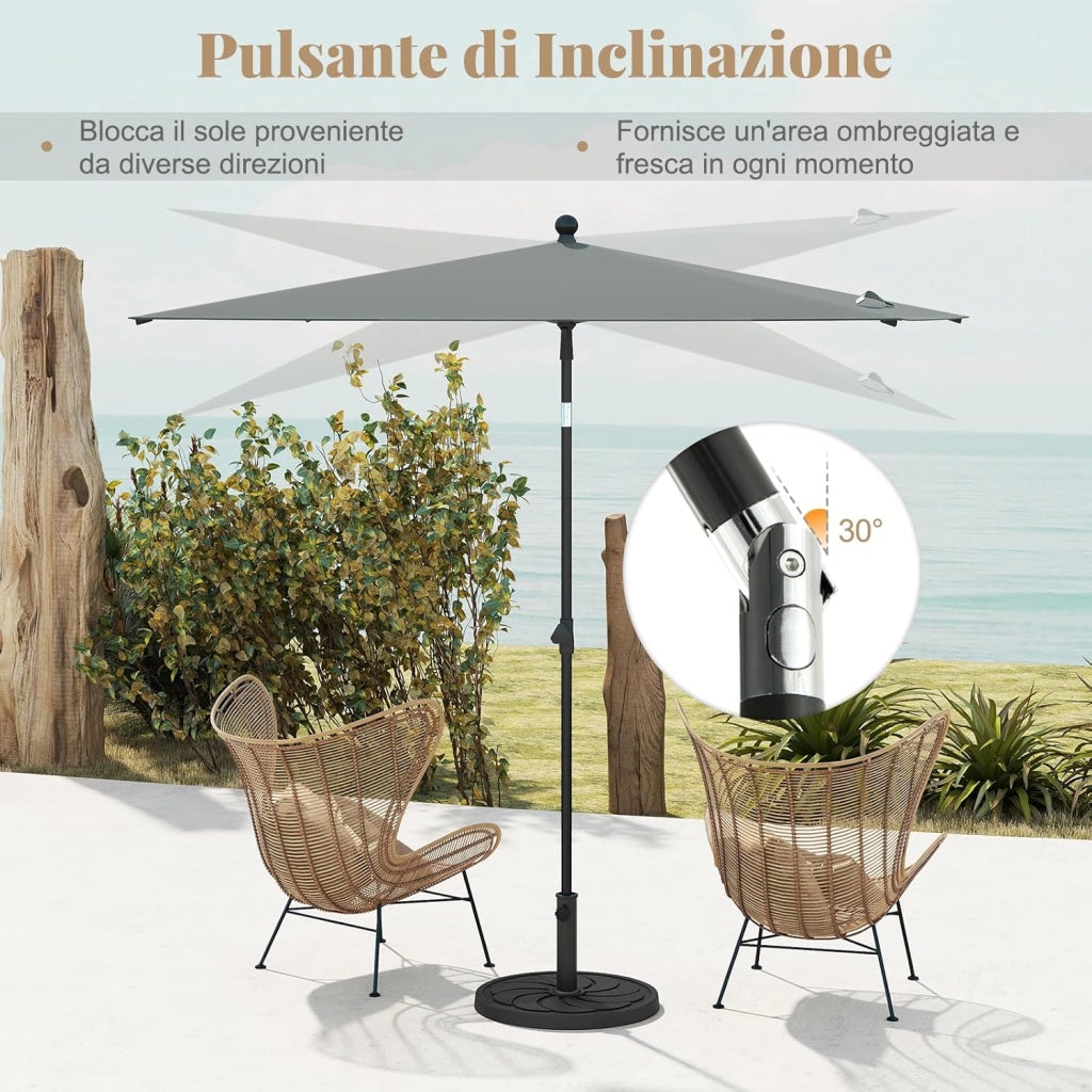 Ombrellone per Patio 213 X 140 cm, Ombrellone Rettangolare da Esterno con Inclinazione Regolabile, Borsa di Trasporto, Parasole Pieghevole per Veranda, Giardino, Piscina, Spiaggia (Grigio)