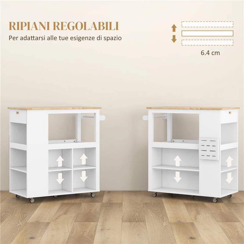 CARRELLO ISOLA DA CUCINA CON RIPIANI REGOLABILI, PORTACOLTELLI E PIANO IN LEGNO, 86.5X47X88 CM, BIANCO