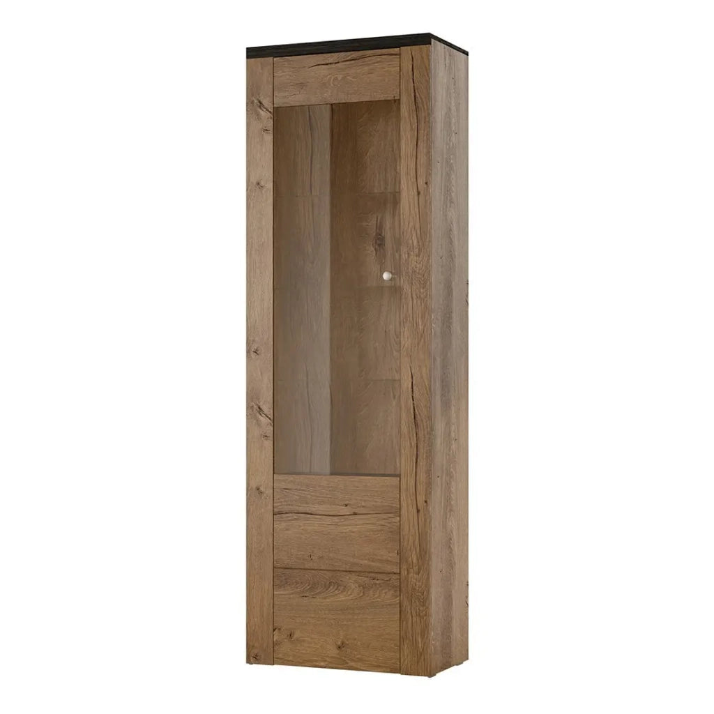 Vetrina alta design 1 porta collezione SANTIAGO. Colori rovere e nero effetto legno.