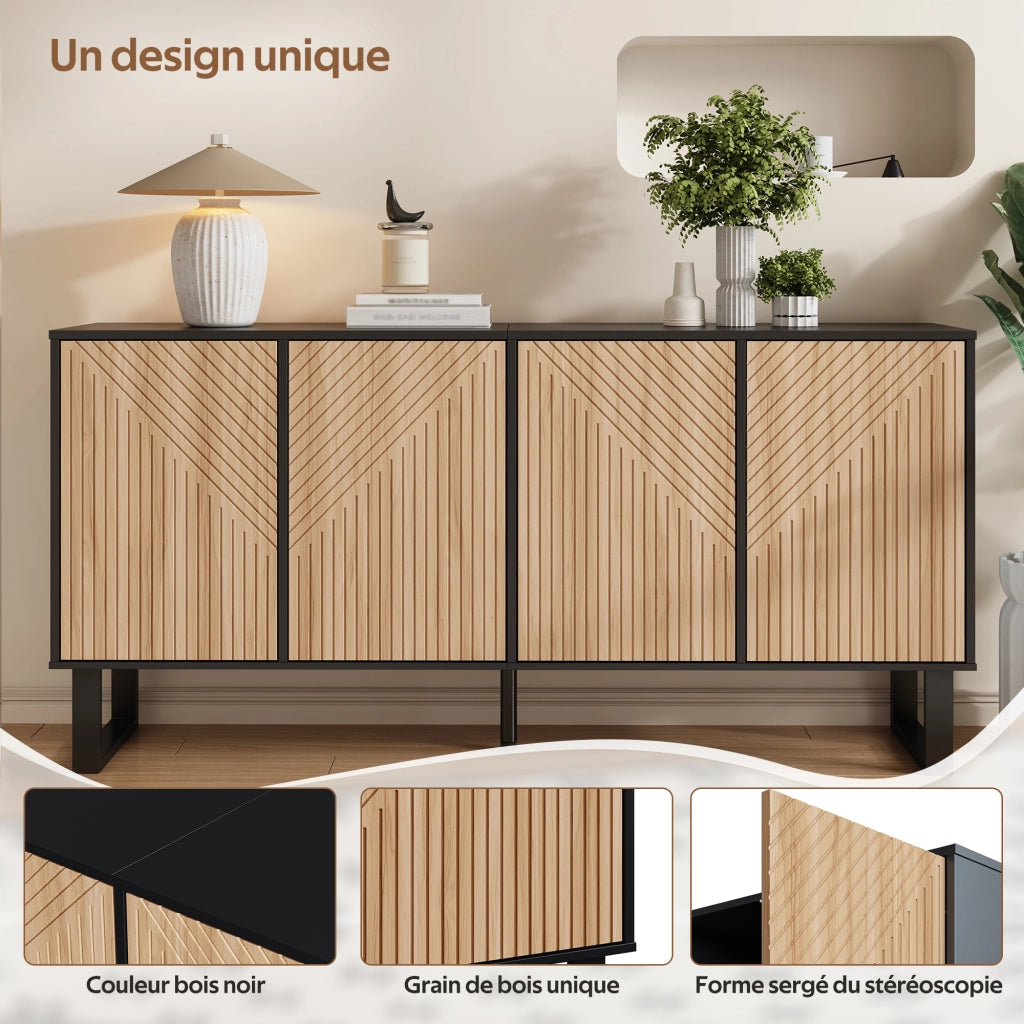 Mobile TV con 4 Ante e Vani Aperti; Frontali 3D a Righe; Stile Moderno; in MDF; 160??38??75 cm; Nero Naturale