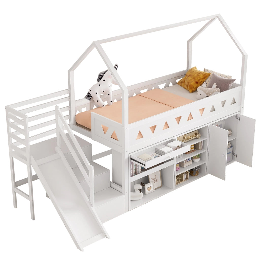 Letto per bambini 90x200 cm con scivolo; scala; cassetti e contenitori; bianco