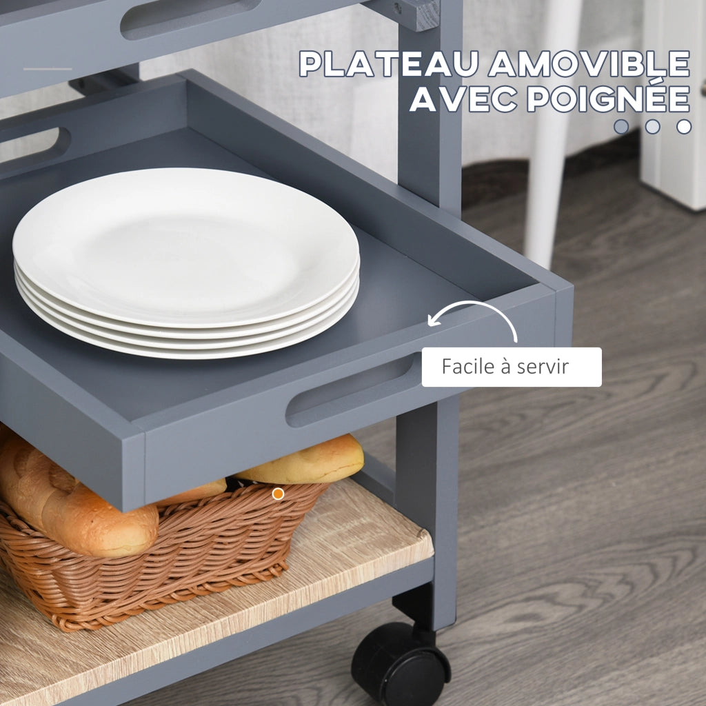 Carrello da cucina con 2 ripiani amovibili, cassetto e scaffale ¨C zephmum ¨C legno di pino grigio e quercia chiaro
