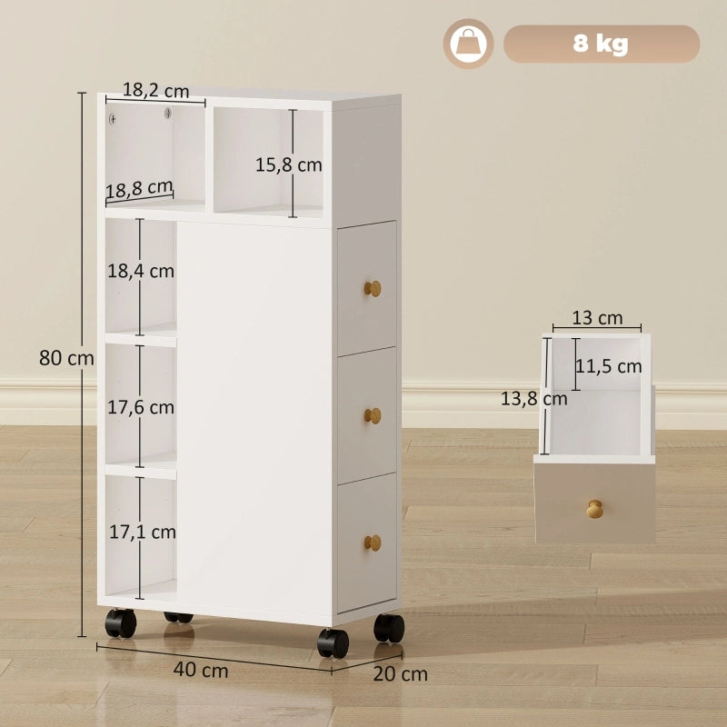 Mobiletto bagno stretto su ruote, 3 cassetti, 5 vani aperti, 20x40x80 cm, bianco