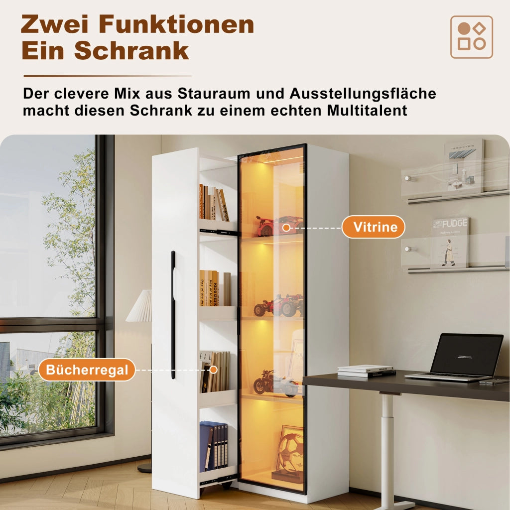 ARMADIO multifunzione 70x40x160 cm bianco con libreria estraibile e vetrina LED